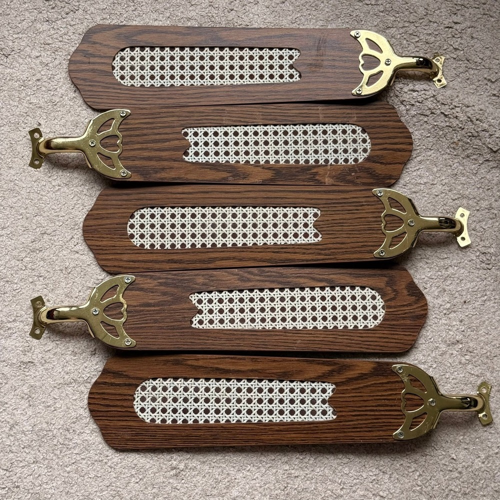 Vintage Set of 5 Ceiling Fan Blades Wood Grain Cane Inlay Brass Brackets 19.5in